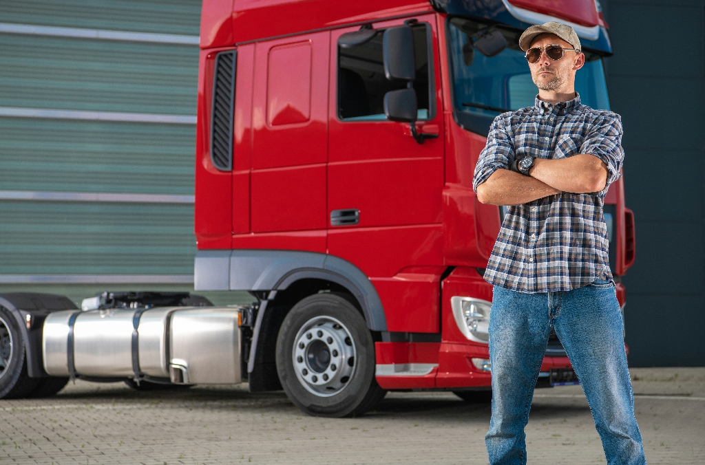 Professional Semi Truck Driver in His 40s and His Heavy Duty Vehicle. Transportation Industry Theme.